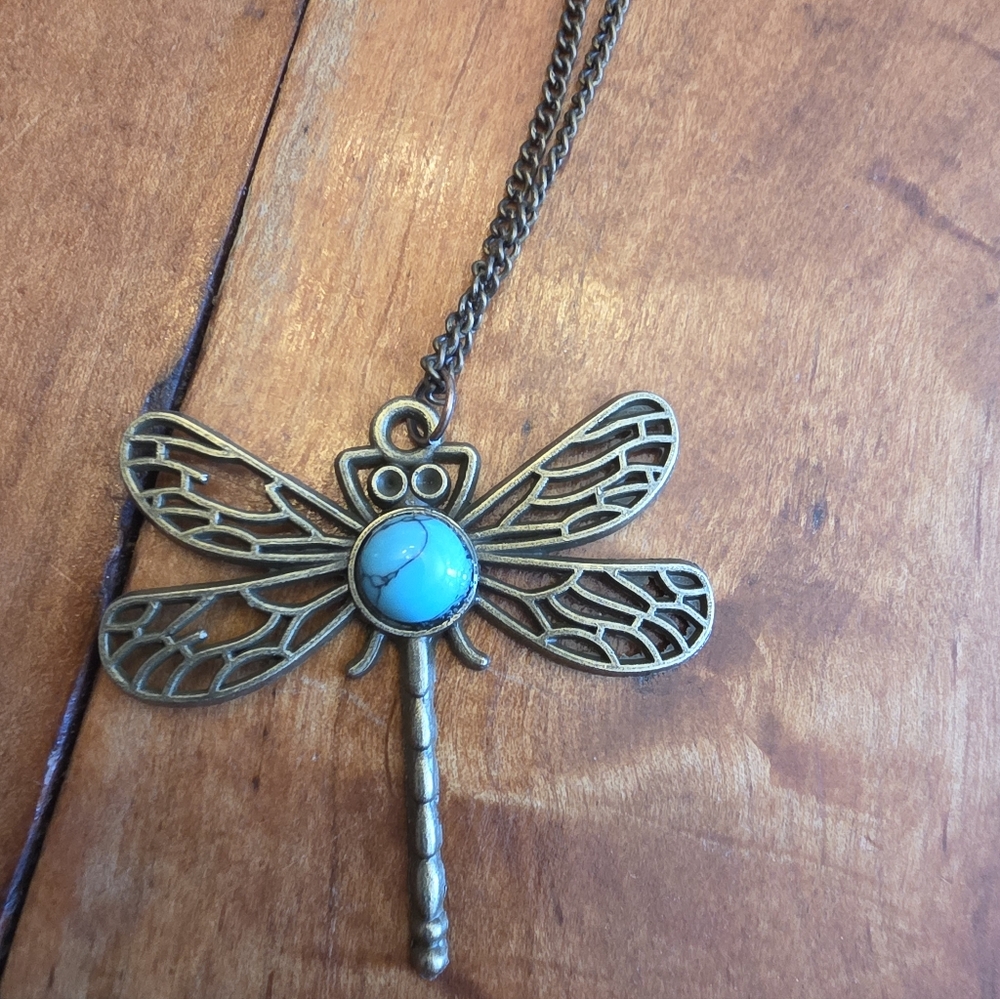 Bronze Tone Dragonfly Pendant With Turquoise Stone On 22" Chain Necklace